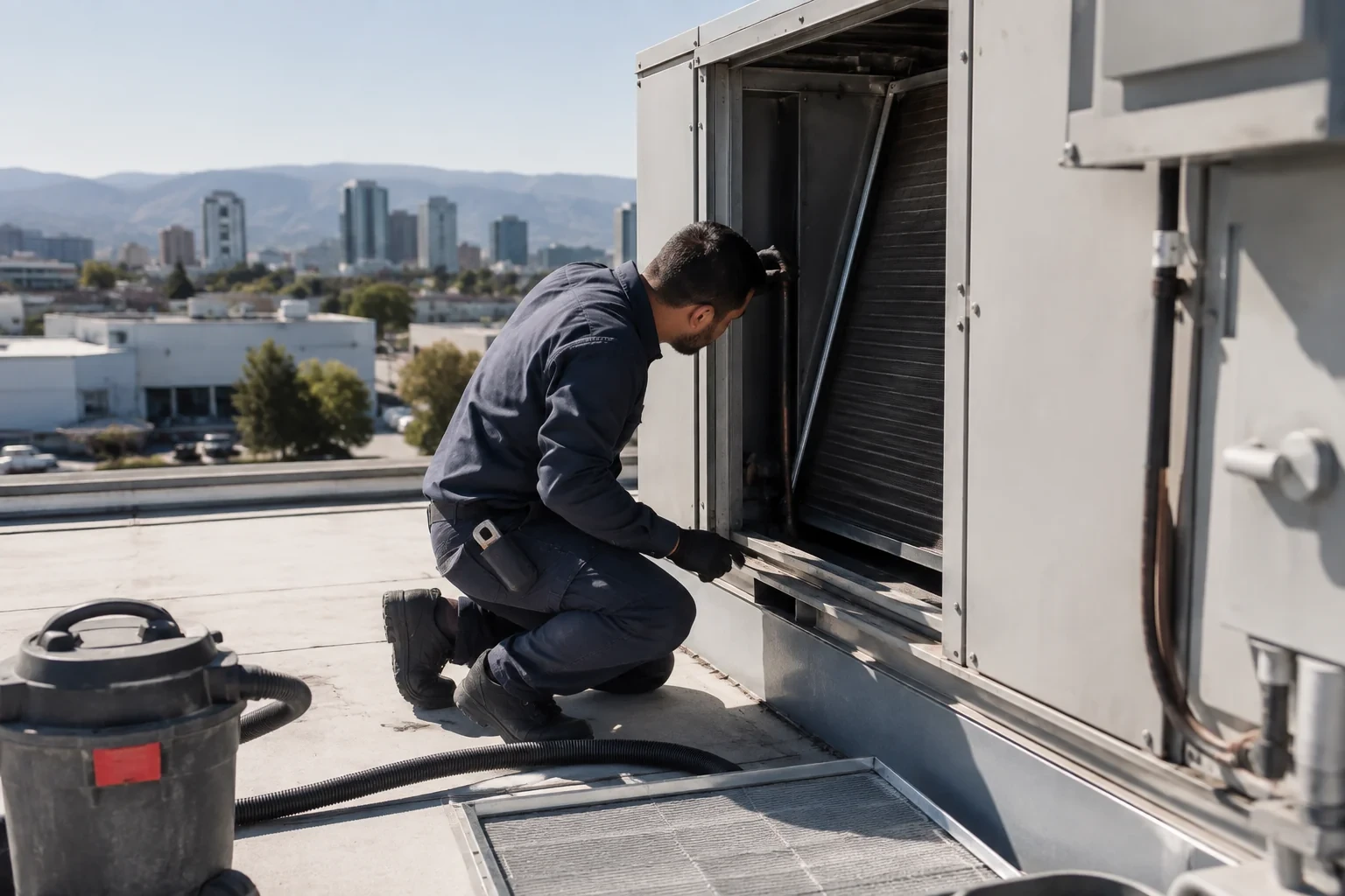 Person kneeling beside an open rooftop air-handling cabinet with an exposed finned panel, a removed filter and a vacuum nearby.