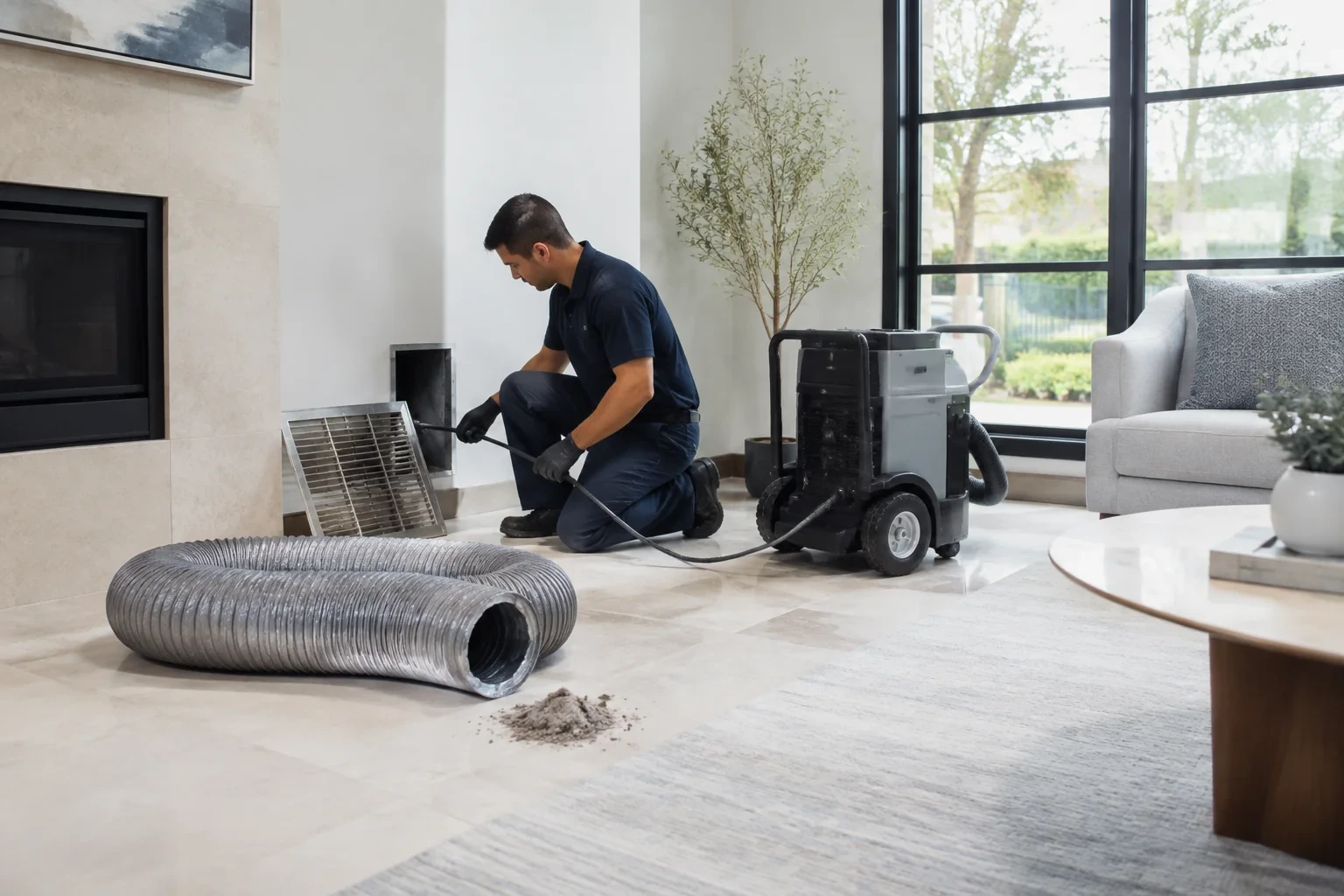 Person holding a hose at an open wall vent beside a wheeled machine, a removed grille and coiled flexible ducting.