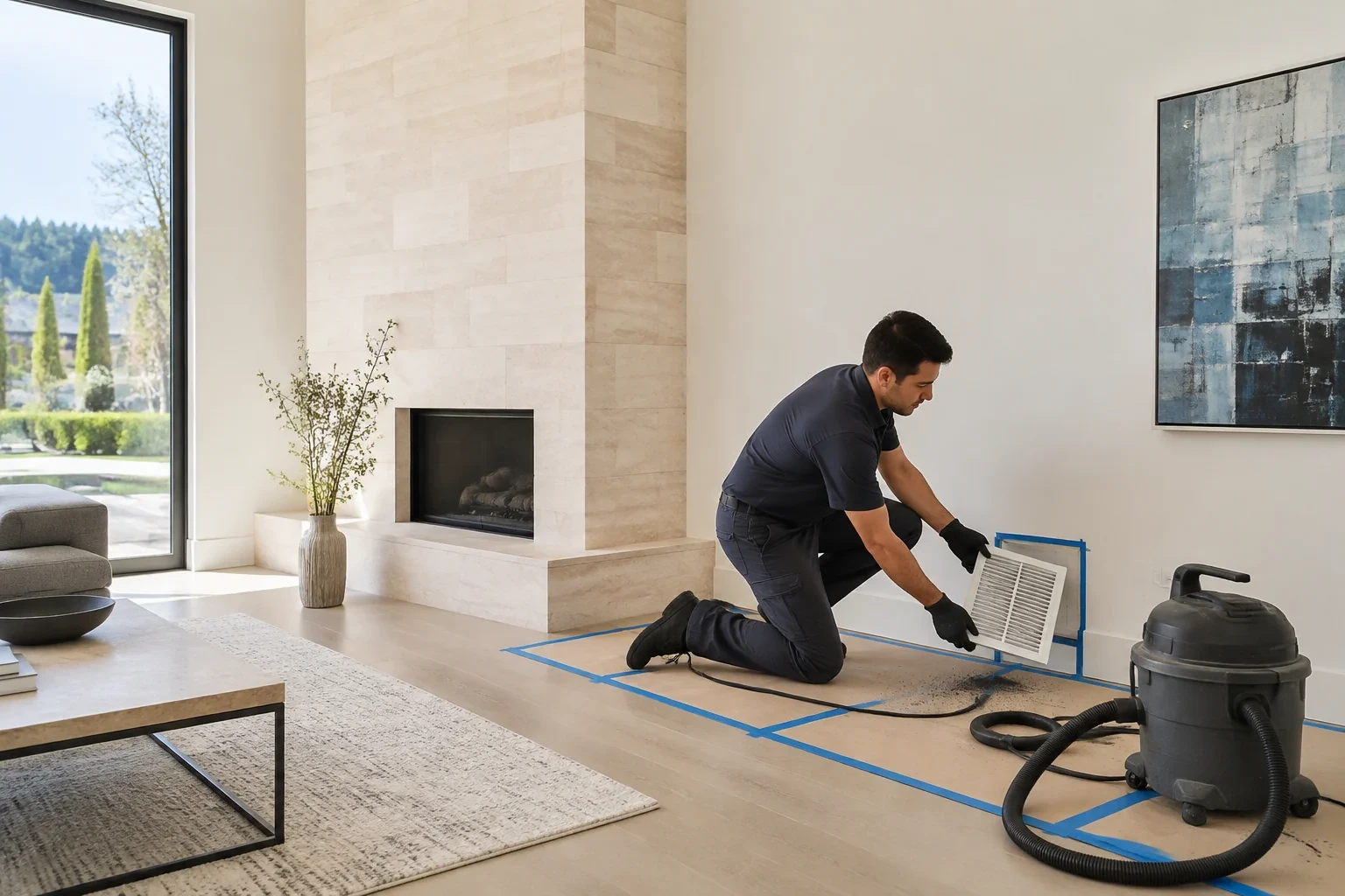 Person kneeling on a taped floor covering and holding a grille beside a low wall vent, with a canister vacuum nearby.