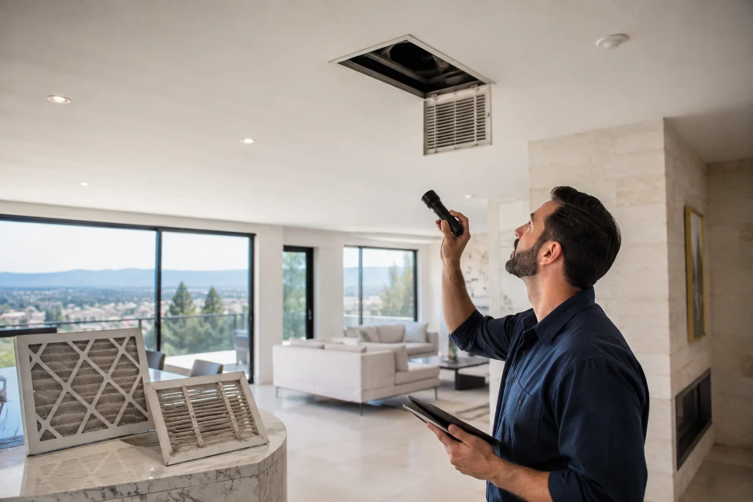 Person holding a tablet and aiming a flashlight toward an open ceiling vent, with a removed grille and filter on the counter.