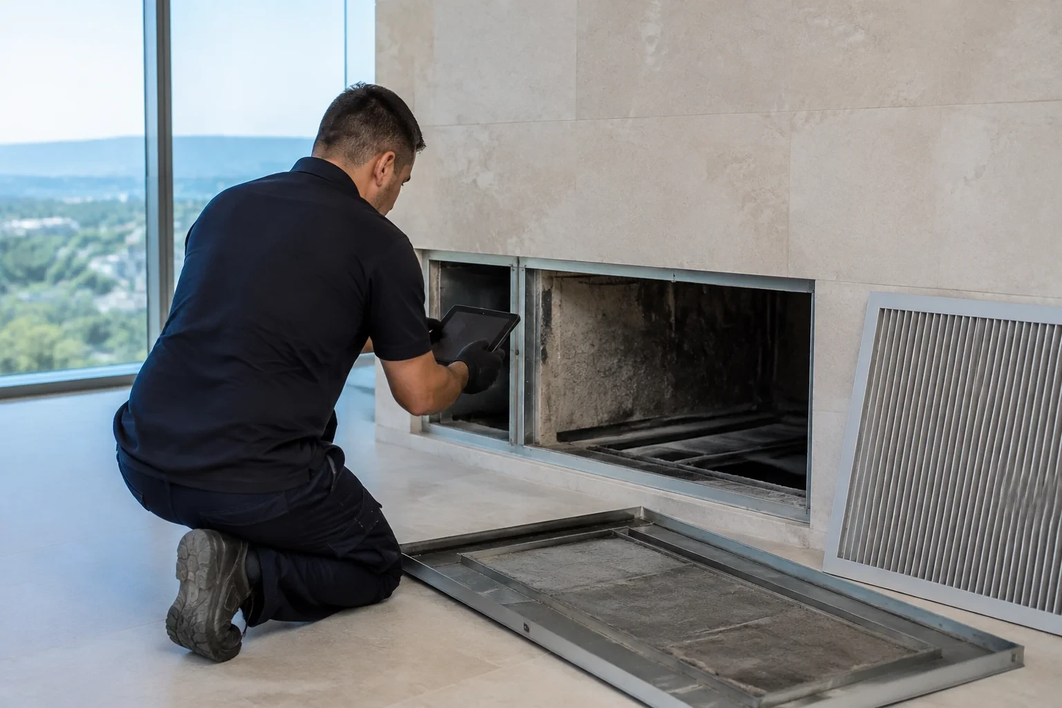 Person holding a tablet beside an open wall duct with dark deposits, with a removed grille and filter frame nearby.